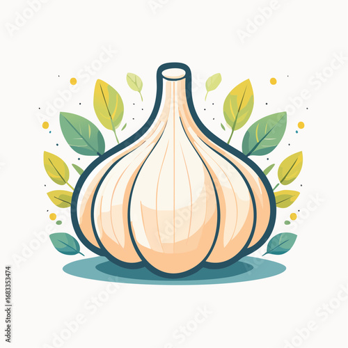 Cartoon Style Garlic Bulb with Green Leaves