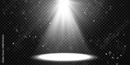 Snow spotlight overlay featuring starry effects and abstract rays. Festive glow beams for holiday backgrounds. Magic snowflakes or luxury shimmer for event designs.