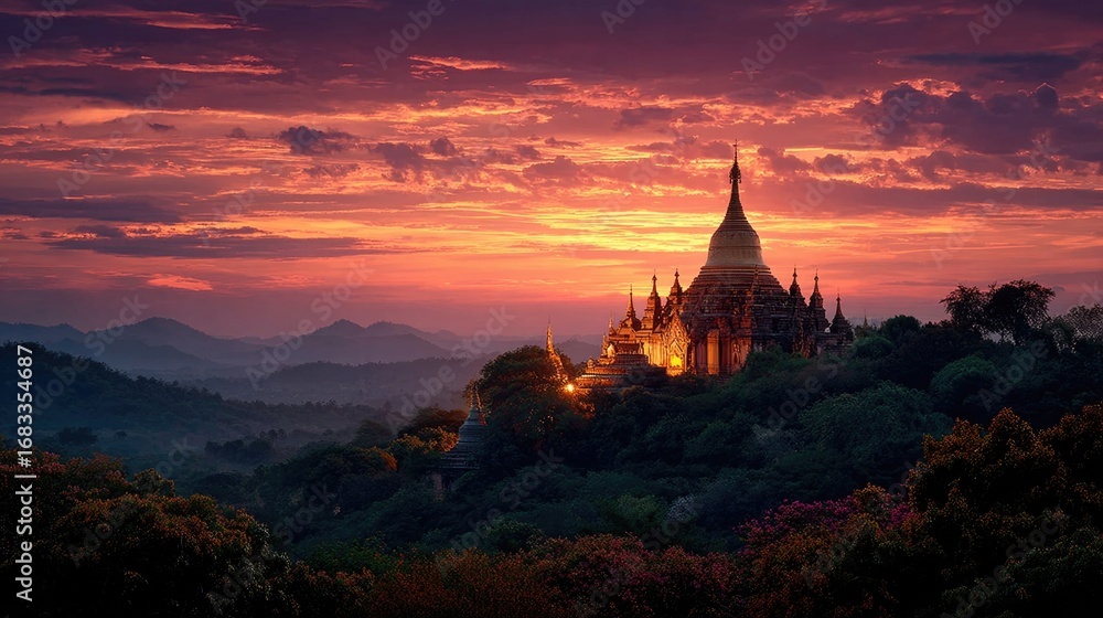 Obraz premium Majestic Sunset Over Ancient Temple in Bagan, Myanmar Landscape