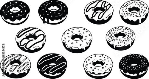 Delicious donut vector set, black and white donuts, dripping glaze illustrations, sweet dessert icons, tasty bakery food, hand-drawn donuts