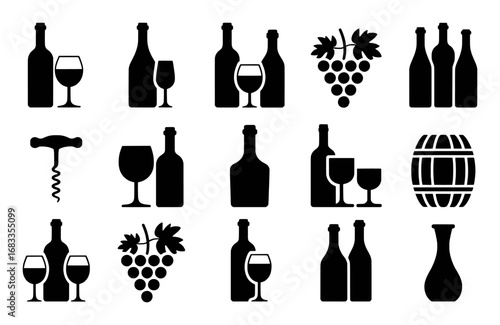 Collection of Black and White Icons Representing Wine and Winery Elements