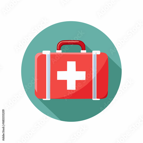 Red first-aid kit icon, white cross, teal circle background.