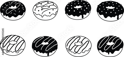 Donut clipart, black and white donuts, icing designs, sweet pastry vector, dessert silhouette, bakery clipart, donut illustration, food icon