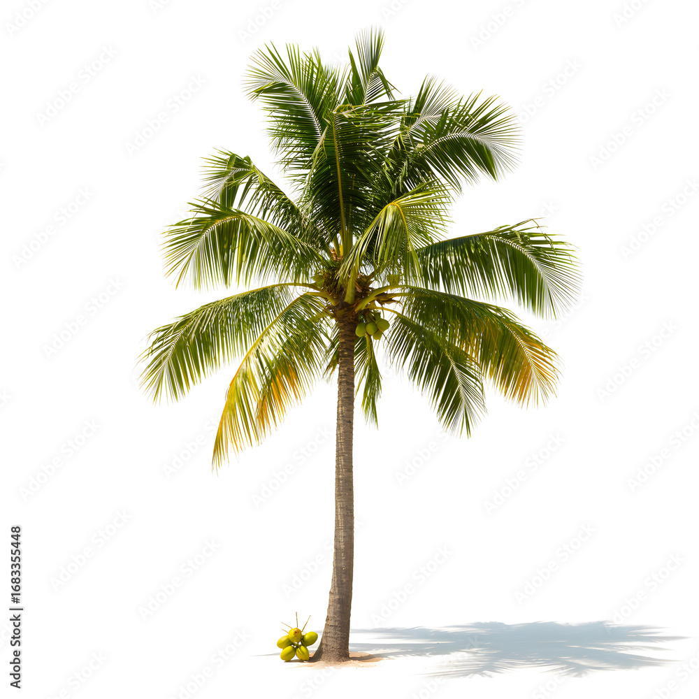 Fototapeta premium Lush green coconut palm tree with coconuts and shadow on white background