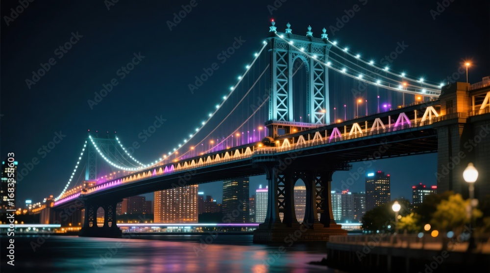 Obraz premium Night cityscape view of a suspension bridge, illuminated with vibrant colors, over a river, with modern city skyline in the background