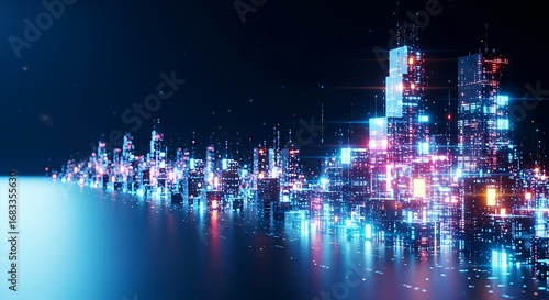 Abstract Geometric Blocks Render Futuristic Cityscape Background with Neon Lights
