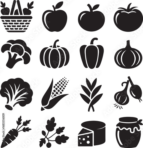 Assortment of fresh fruits and vegetables icons apple tomato