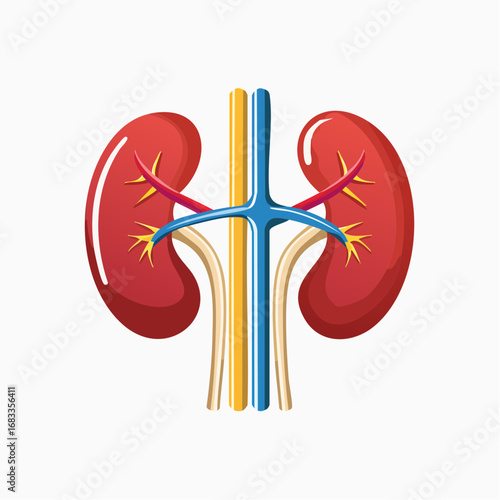 Simplified illustration of human kidneys, ureters, and blood vessels.