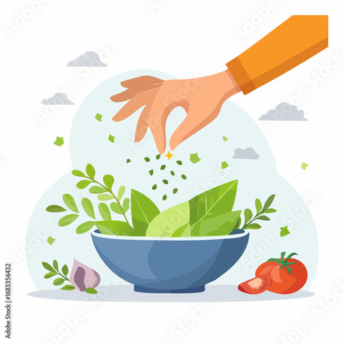 Hand Sprinkling Spices Over Fresh Herbs In Bowl
