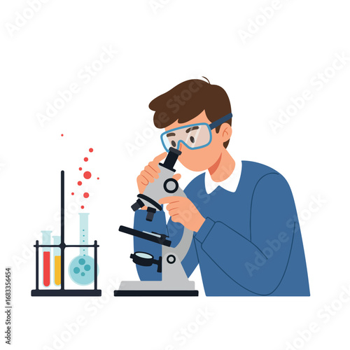 A boy wearing goggles looks through a microscope Beakers and droplets are visible