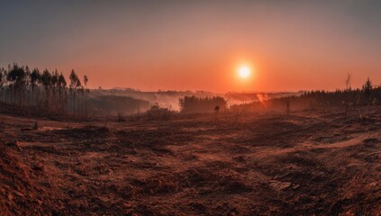 Crédence de cuisine Pantone 2025 Mocha Mousse A vast landscape of a recently cleared forest at sunrise  © Syarifuddin