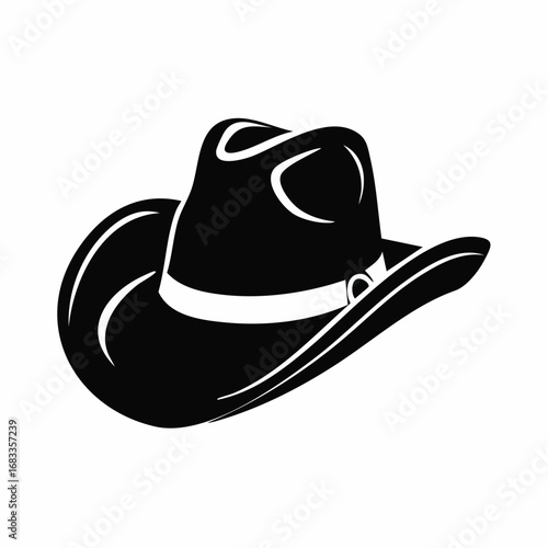 Western hat silhouette. This image shows a black silhouette of a traditional western cowboy hat with a wide brim and high crown, symbolizing rustic culture. Vector clipart illustration design.