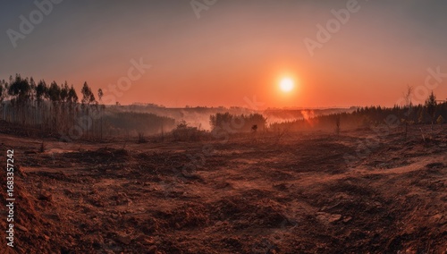 A vast landscape of a recently cleared forest at sunrise