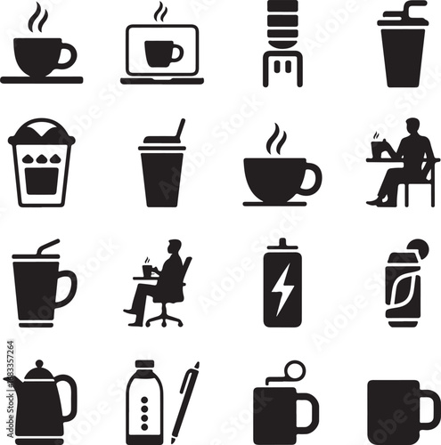 Coffee and beverage icons with people and drinks laptop water cooler