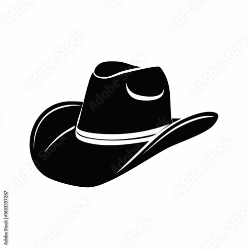 Western hat silhouette. This image shows a black silhouette of a traditional western cowboy hat with a wide brim and high crown, symbolizing rustic culture. Vector clipart illustration design.