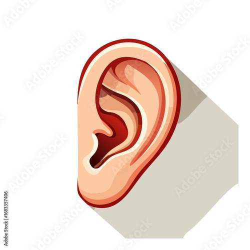 Cartoon illustration of a human ear, side view, detailed anatomy, fleshy tones, shadow.