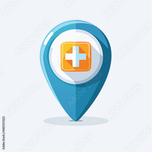 Blue map marker pinpointing medical location, featuring a plus symbol.