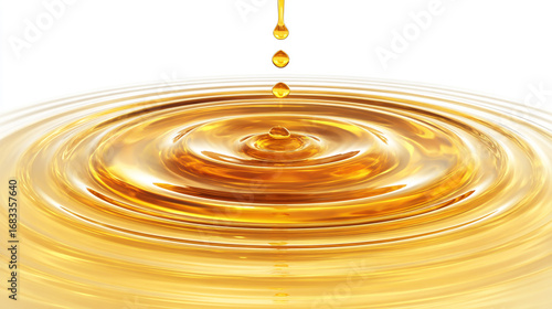 Golden oil drop creating ripples on the surface isolated on white background