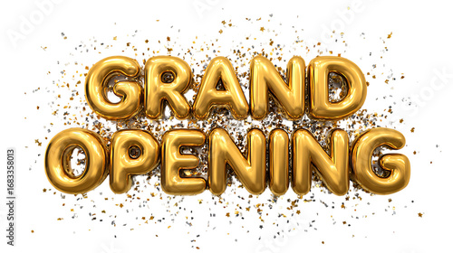 Golden Grand Opening balloon letters with glitter explosion. Celebration, inauguration, event.