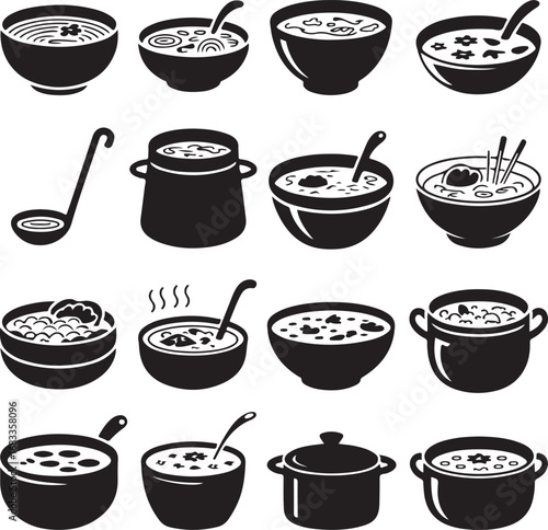 Collection of various soup bowls and pots with spoons and ladles vector illustration