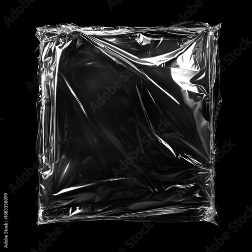 A sleek and shiny black polyethylene sheet, transparent and reflective, capturing light and shadows in a captivating display of modern packaging design