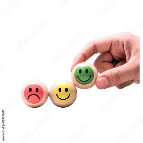 Three small wooden balls with a smiley face icons on transparent background