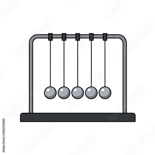 A gray Newtons cradle with five suspended steel balls