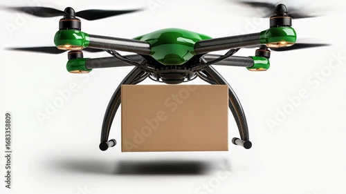 A green drone with a box lifts off against a white background