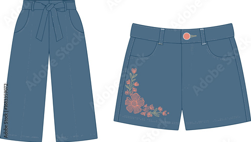 High waisted wide leg denim pants with belt and floral embroidered shorts fashion vector illustration for clothing design and retail display