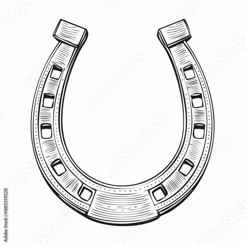 Horse shoe drawing. It is a black and white outline image of a horseshoe, a traditional symbol of luck and protection for horses. Vector sketch line art draw.