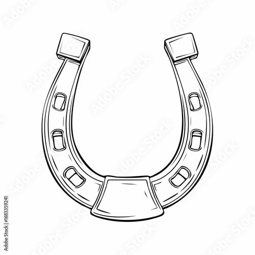 Horse shoe drawing. It is a black and white outline image of a horseshoe, a traditional symbol of luck and protection for horses. Vector sketch line art draw.
