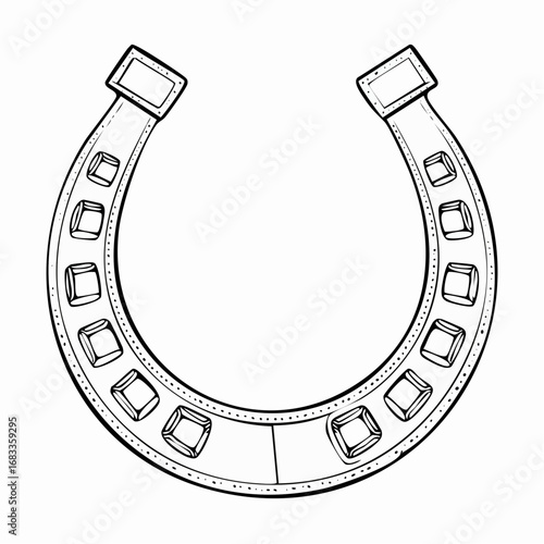 Horse shoe drawing. It is a black and white outline image of a horseshoe, a traditional symbol of luck and protection for horses. Vector sketch line art draw.