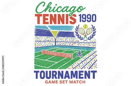 Athletic club artwork. Tennis court graphic design. California local tennis club. Tennis club artwork for t shirt, posters, stickers, background and others. Tennis stadium painting by oil pastel. 