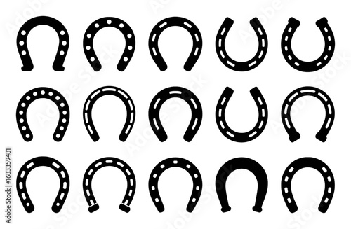 Collection of Black Horseshoe Icons with Various Nail Hole Patterns