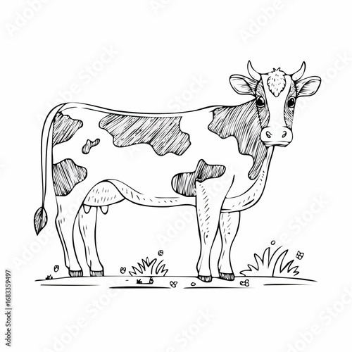 Holstein cow drawing. It is a simple, black and white outline sketch of a Holstein cow with its classic black and white spots. Vector sketch line art draw.