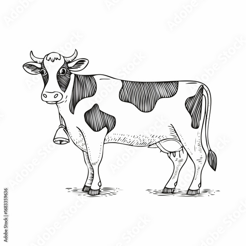 Holstein cow drawing. It is a simple, black and white outline sketch of a Holstein cow with its classic black and white spots. Vector sketch line art draw.