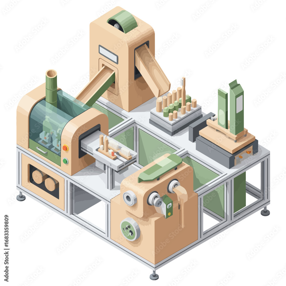 Obraz premium Bamboo Toothbrush Factory. A Detailed Vector Illustration of a Production Line for Sustainable Bamboo Toothbrushes