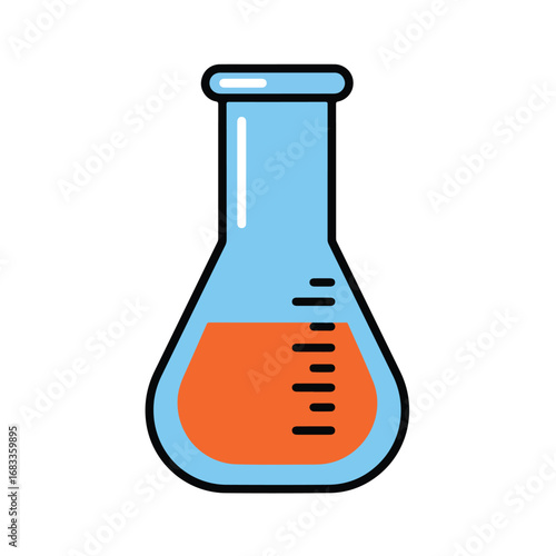 A laboratory flask Contains orange liquid It has a blue body and black outline A white background