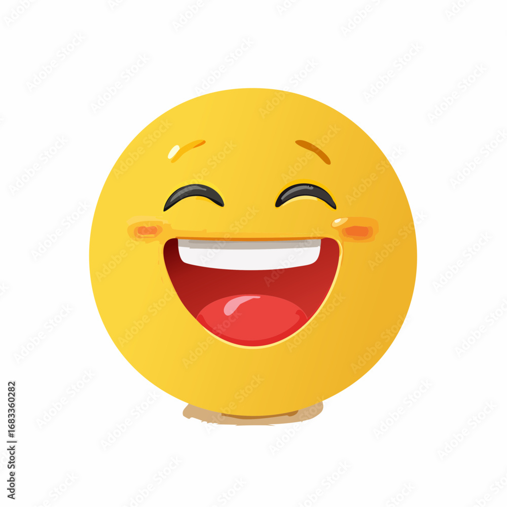 Fototapeta premium Gelber Smiley mit offenem Mund, lacht herzhaft, minimalistisches Vektor-Design, Symbol für Spaß und gute Laune.