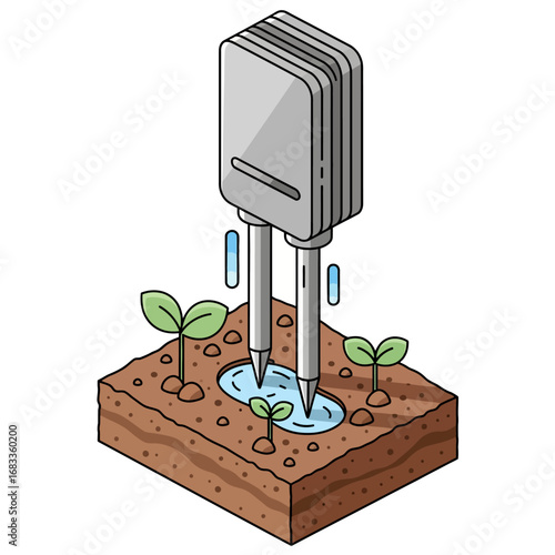 Smart soil moisture sensor vector, an isometric illustration showing modern technology monitoring and watering small plant seedlings in the ground