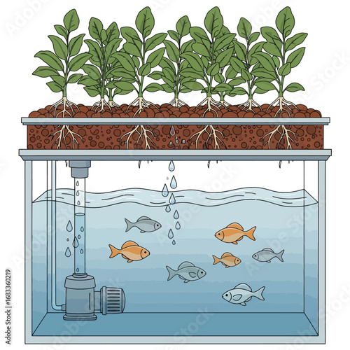 Aquaponics fish tank with grow bed vector, an illustration of a closed-loop system where fish and plants live in a symbiotic relationship