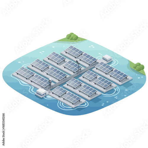 Floating solar panel farm vector, an isometric illustration of a large-scale power plant on water generating clean energy for a greener environment