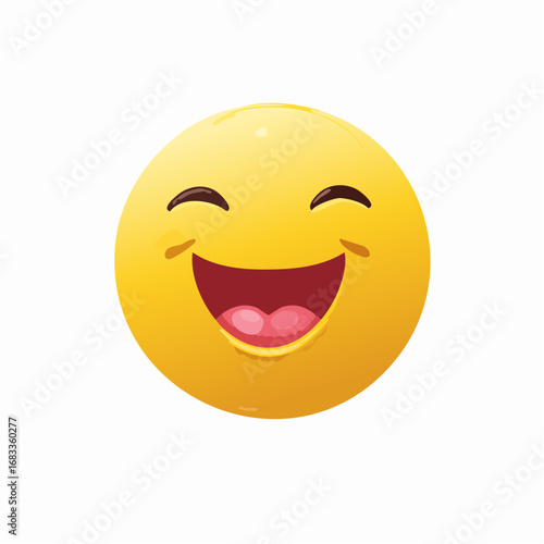 Gelber Smiley mit offenem Mund, lacht herzhaft, minimalistisches Vektor-Design, Symbol für Spaß und gute Laune.