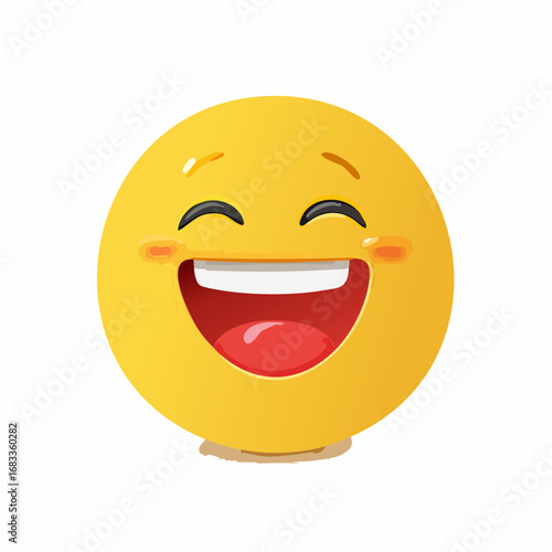 Gelber Smiley mit offenem Mund, lacht herzhaft, minimalistisches Vektor-Design, Symbol für Spaß und gute Laune.