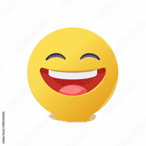 Gelber Smiley mit offenem Mund, lacht herzhaft, minimalistisches Vektor-Design, Symbol für Spaß und gute Laune.