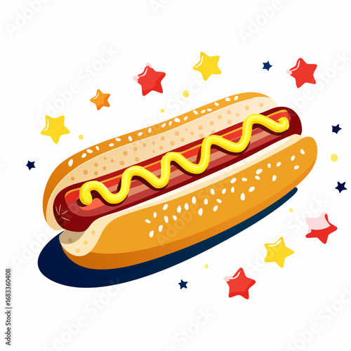 Cartoon Hot Dog with Mustard and Stars