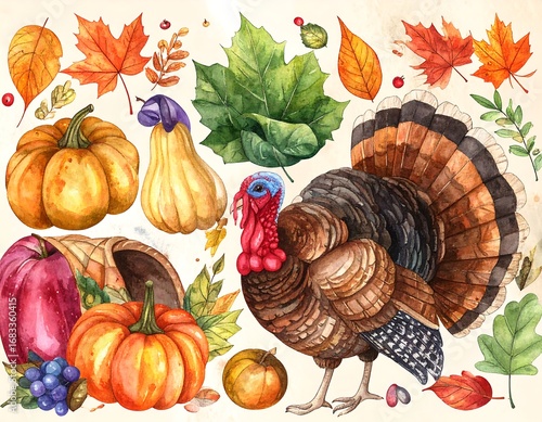 Watercolor autumnal Thanksgiving elements