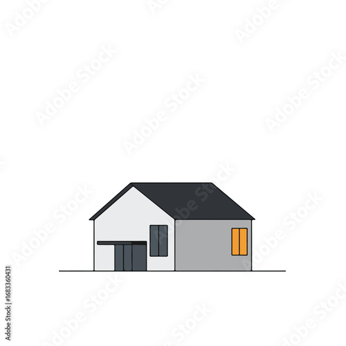 A minimalist house with a gray roof white and gray walls a door and two windows