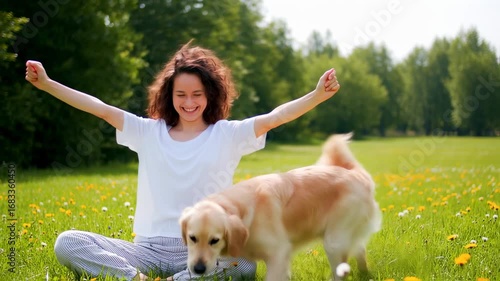 Woman and dog relaxing in a meadow