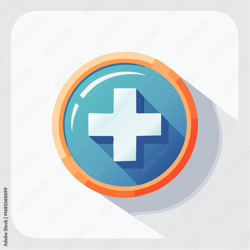 Fototapeta premium A stylized medical cross icon in a teal circle with an orange border and long shadow.